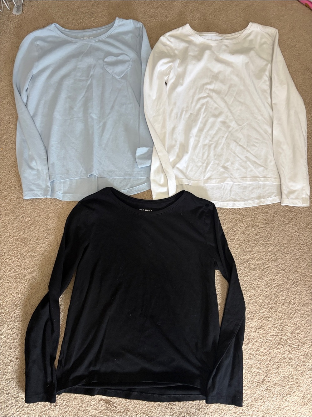 Old Navy Girls 10-12 Long-Sleeve Tees in Light Blue, White & Black